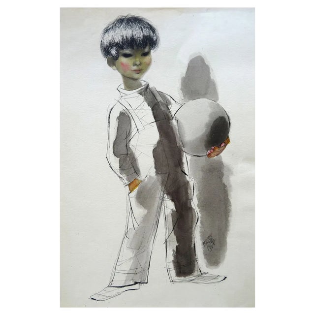 Gunars Vindedzis, A Boy with a Ball, 1969, Ink & Watercolor on Paper For Sale
