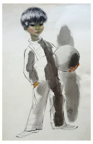 Gunars Vindedzis, A Boy with a Ball, 1969, Ink & Watercolor on Paper