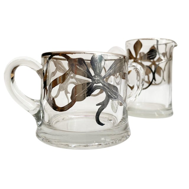 Vintage Art Nouveau Silver Overlay Creamer and Sugar Bowl Set For Sale - Image 4 of 6
