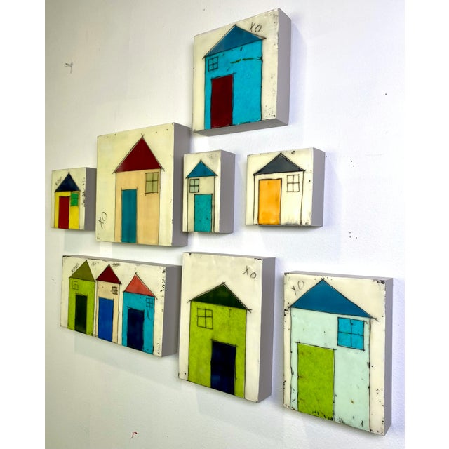 Encaustic Collage Installation by Gina Cochran - "Tiny Dwellings" Series - The Whole Village - Set of 8 For Sale - Image 10 of 10