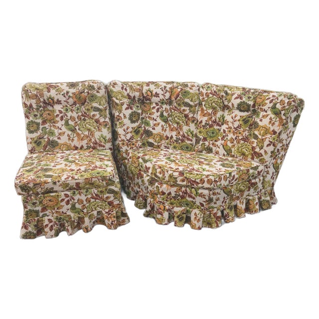 1950s Vintage Floral Skirted Slipper Chair & Corner Settee Set – 2 Pieces For Sale