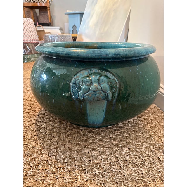 Mid 20th Century Large Chinese Turquoise Glazed Jardiniere With Lion Mask Handles For Sale - Image 4 of 6