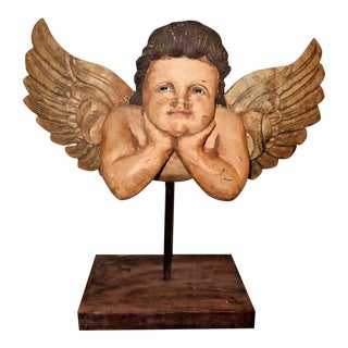 Vintage Hand Carved Cherub /Angel With Wings Figurine on Stand For Sale