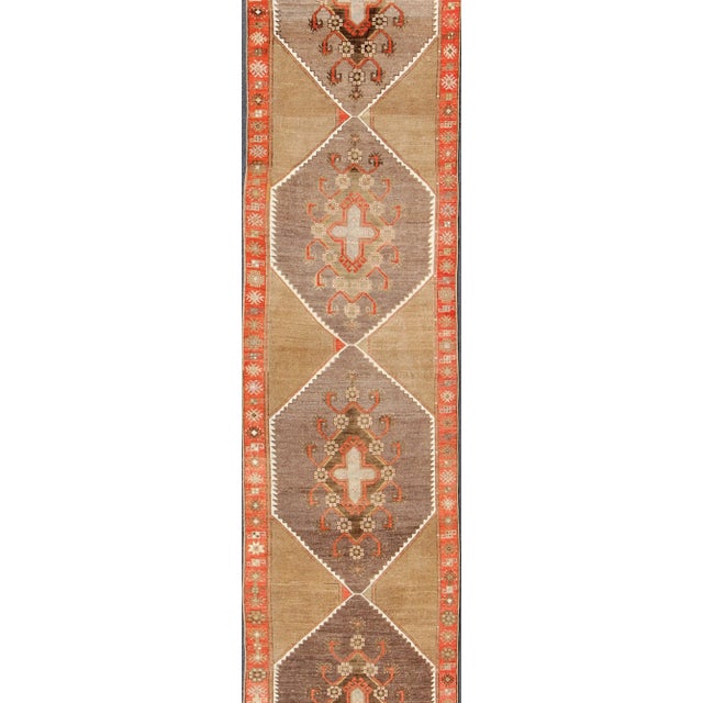 Colorful Vintage Turkish Runner With Diamond Medallions in Lt. Camel and Gray For Sale - Image 4 of 13