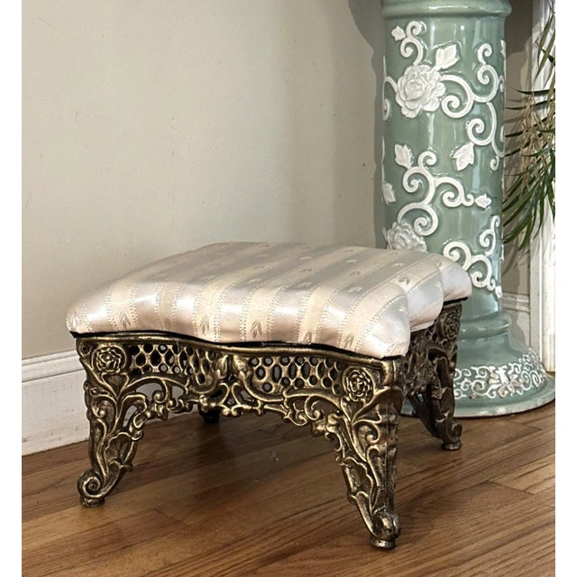Victorian Style Cast Iron Footstool – Cream Upholstered Top, Gilded Base, Heavy & Sturdy For Sale - Image 4 of 10