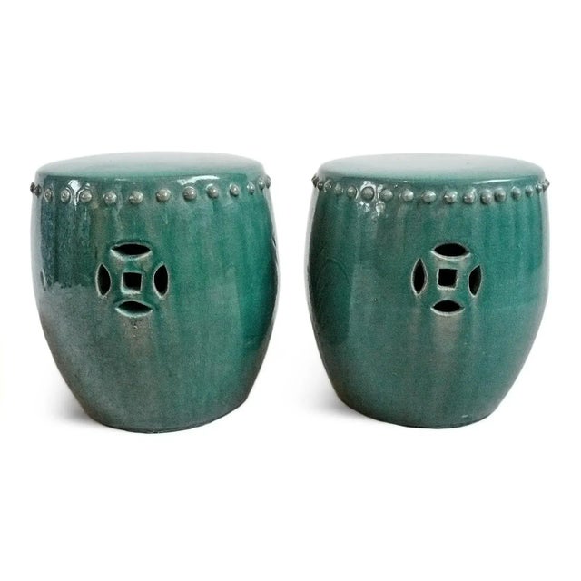 Teal Drum Ceramic Garden Stool Small For Sale - Image 4 of 10