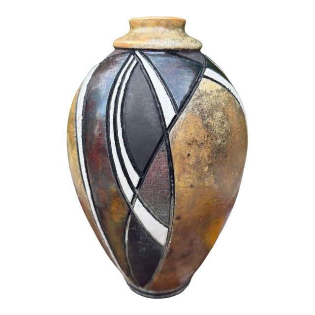 Vintage Signed Raku Studio Pottery Vase With Iridescent Geometric Design, 10” For Sale