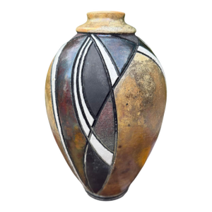 Vintage Signed Raku Studio Pottery Vase With Iridescent Geometric Design, 10”