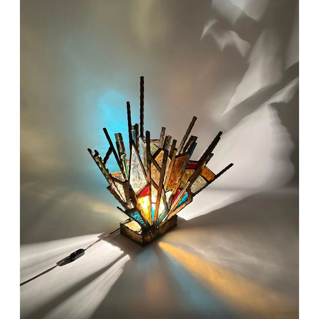 1970s Brutalist Gilt Iron and Colored Art Glass Table Lamp attributed to Longobard, Italy, 1970s For Sale - Image 5 of 11