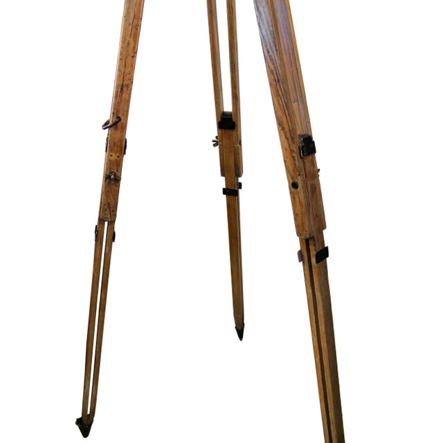1950s Vintage Industrial Black Enamel Spotlight on Wooden Tripod For Sale - Image 5 of 7