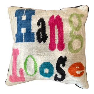 1960s Handcrafted Needlepoint Groovy "Hang Loose" Pillow For Sale