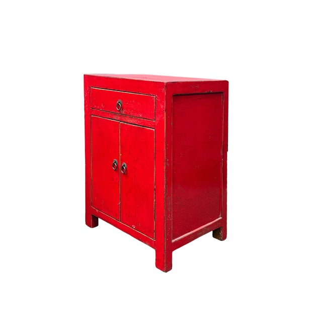 Rustic Distressed Rustic Rough Bright Red Drawer Small End Table Nightstand For Sale - Image 3 of 7