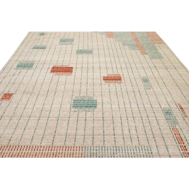 Modern Hand Loom Beige Wool Rug With Geometric Design For Sale In New York - Image 6 of 11