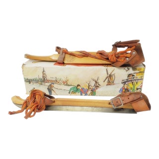 Antique Zandstra Wooden Ice Skates Hans Brinker With Box Size 27 Sneek Holland For Sale