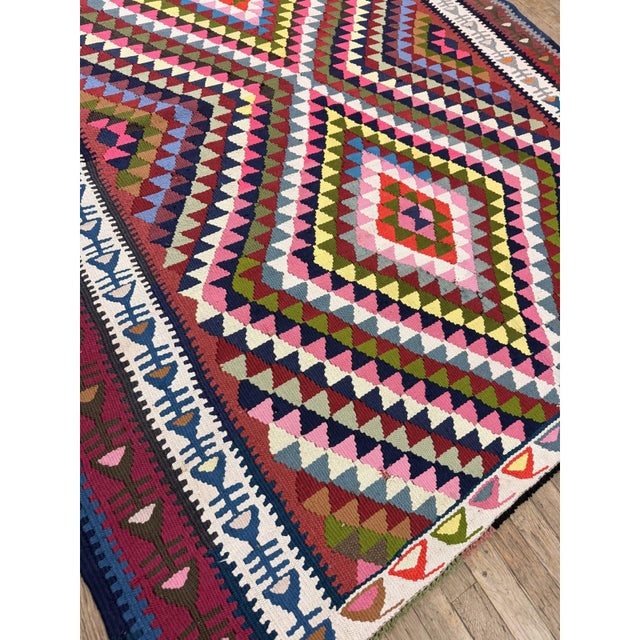 Mid-Century Modern Mid Century Modern Diamond Colorful Turkish Decorative Kilim 6' 3" X 11' 6" Rug For Sale - Image 3 of 5