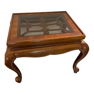 Vintage Chinoiserie Carved Wood End Table With Glass Inset For Sale