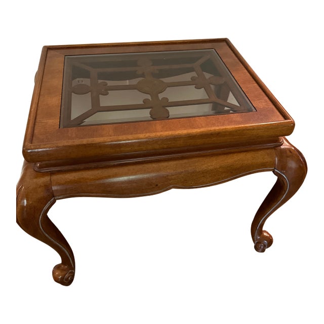 Vintage Chinoiserie Carved Wood End Table With Glass Inset For Sale