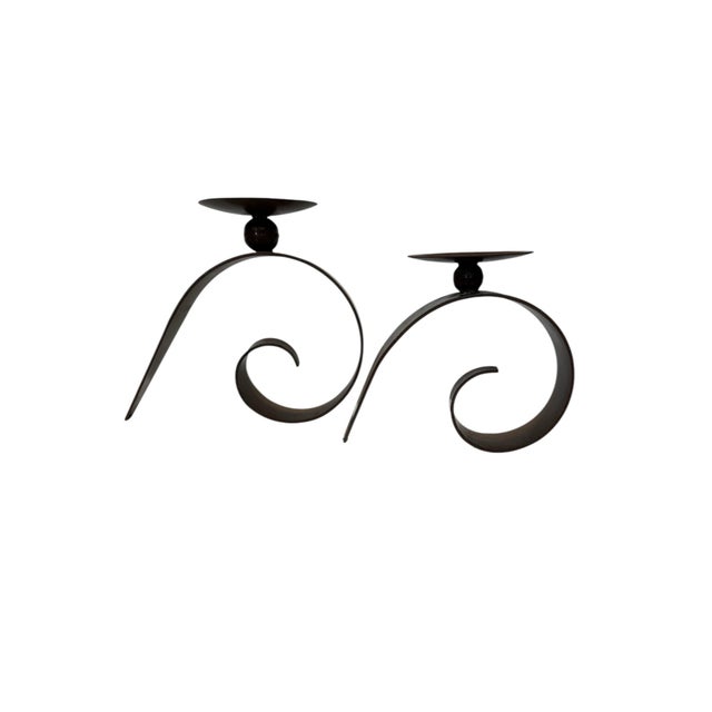 Vintage brutalist modern style hand wrought iron abstract candleholders for pillar or large votive candles. Large measures...