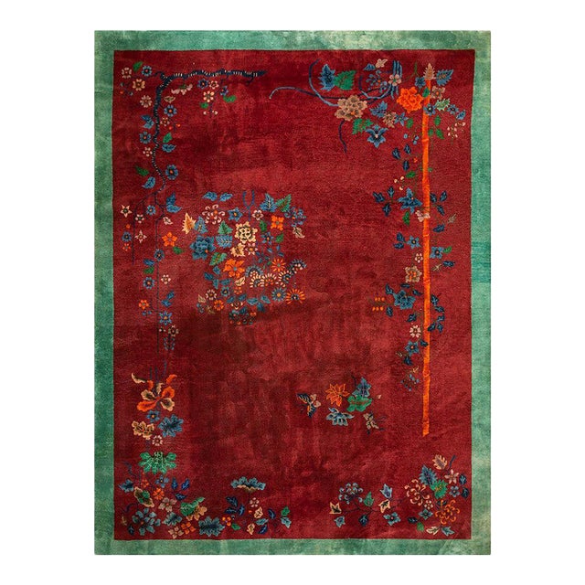 1920s Red Floral Modern Antique Chinese Art Deco Rug 9'0" X 11'8" Handknotted Wool Carpet For Sale