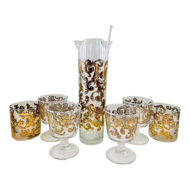 1960s Georges Briard Spanish Gold Scroll Barware, 7 Pieces For Sale