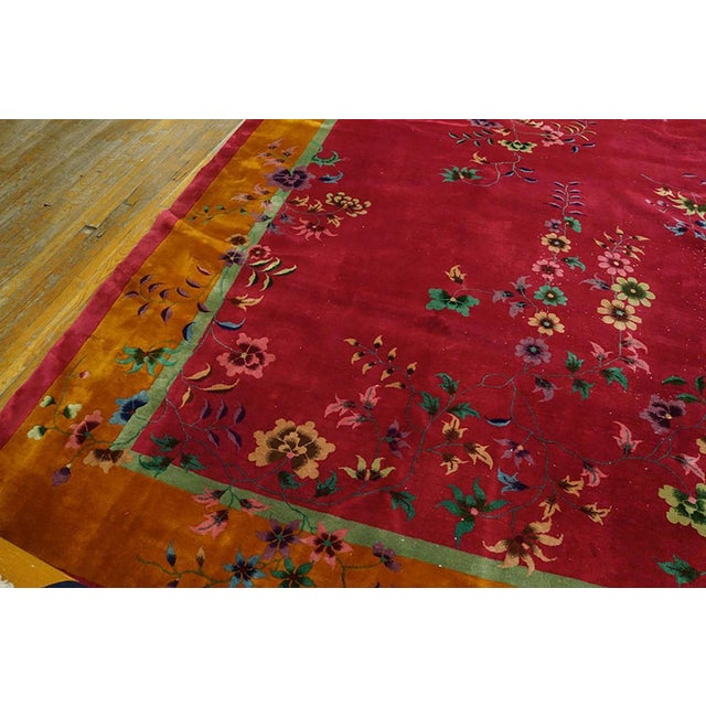 Exciting Red Background Color With Asymmetric Floral Design Antique Chinese Art Deco Rug For Sale - Image 4 of 9