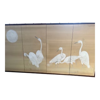 Japanese Four-Panel Screen (Byōbu) Featuring White Cranes and a Full Moon For Sale