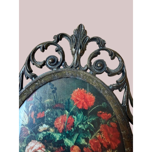 Mid-Century Italian Ornate Cast Metal Oval Wall Plaque – Baroque Floral Still Life For Sale - Image 4 of 6