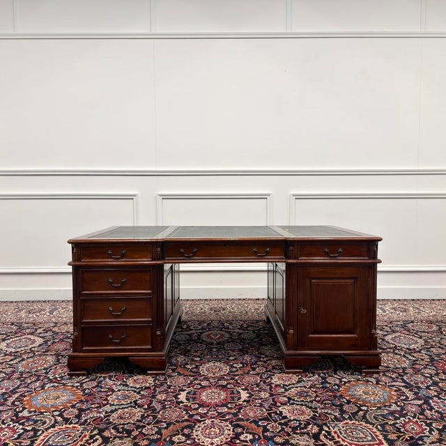 English Partner Desk with Green Leather For Sale - Image 3 of 18