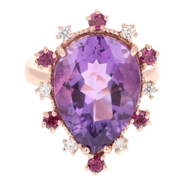 10.16 Ct Amethyst, Garnet, Diamond 14 Karat Rose Gold Ring, Size 7 For Sale