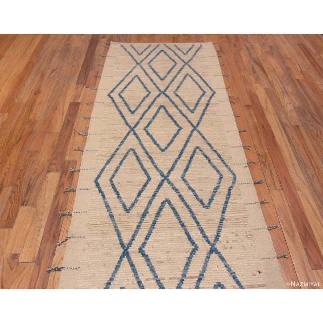 Modern Nazmiyal Collection Ivory Cream and Light Blue Modern Geometric Runner Rug For Sale - Image 3 of 7