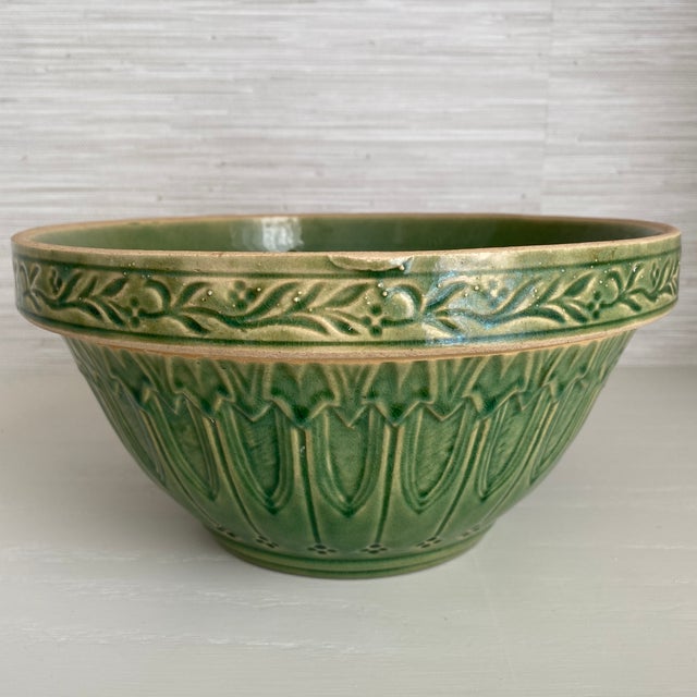 Gothic Antique Hull Pottery Gothic Arches Stoneware Mixing Bowl in Green Glaze For Sale - Image 3 of 12