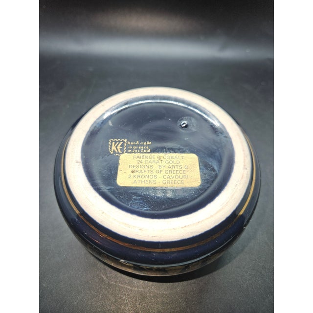 Handmade Greece Faience Cobalt Blue With 24k Gold Trim Ashtray For Sale - Image 4 of 4