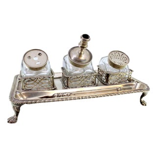Silver and Glass Inkwell with Friezes and Claw-Shaped Feet For Sale