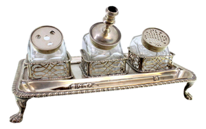 Silver and Glass Inkwell with Friezes and Claw-Shaped Feet