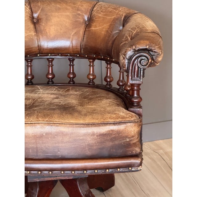 English Mid 19th Century English Mahogany and Leather Swivel Desk Chair For Sale - Image 3 of 12