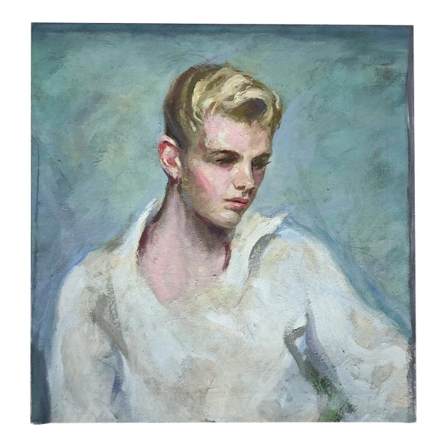 Mid Century Oil on Canvas Portrait of Young Man For Sale