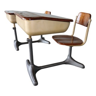 Pair of Mid-Century Cast Iron and Oak Swivel School Desks by American Seating Co., 1950s For Sale
