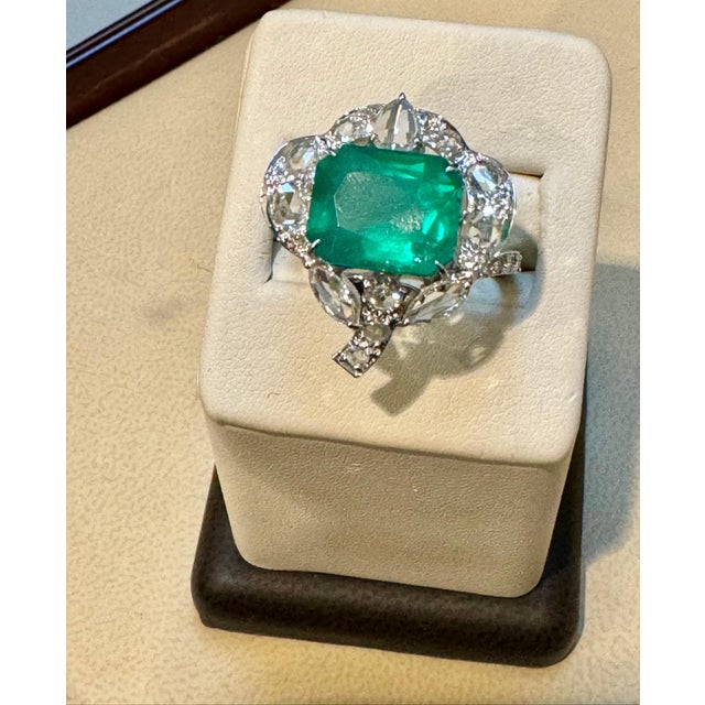 Gemstone 7 Ct Finest Zambian Emerald Cut Emerald & 1.5Ct Diamond Ring, 18 Kt Gold Size 9 For Sale - Image 7 of 18
