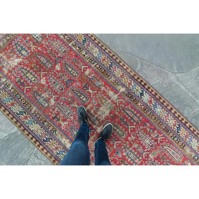 1900s Antique Red Distressed Geometric Handwoven Runner - 4’2.5” X 10’ For Sale - Image 4 of 11