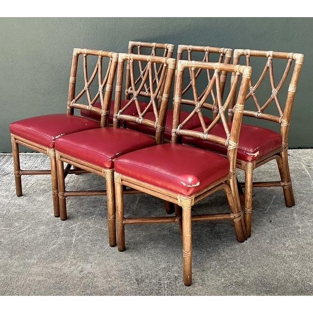 Wood Vintage McGuire Rattan Cross Hatch Dining Chairs - Set of 6 For Sale - Image 7 of 12