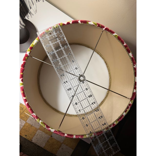 Mid-Century Modern Lamp Shade Drum With Gretchen Punch “Regal” Floral Velvet Maroon & Green Designer Fabric For Sale - Image 3 of 7