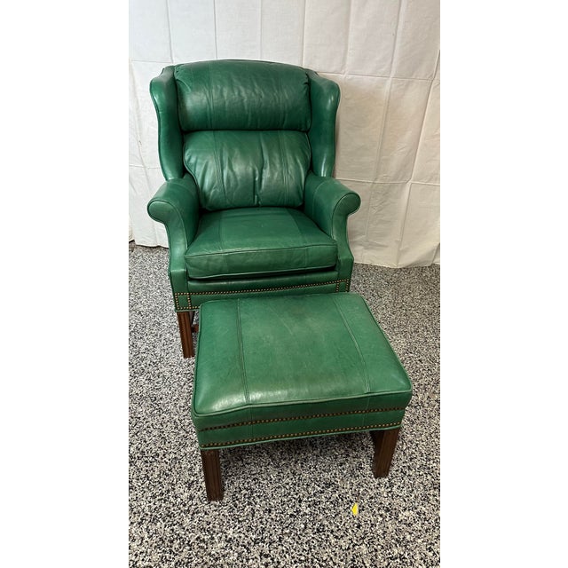 Animal Skin Whitmore Sherrill Furniture Green Leather Chair & Ottoman, 2 Pieces For Sale - Image 7 of 7
