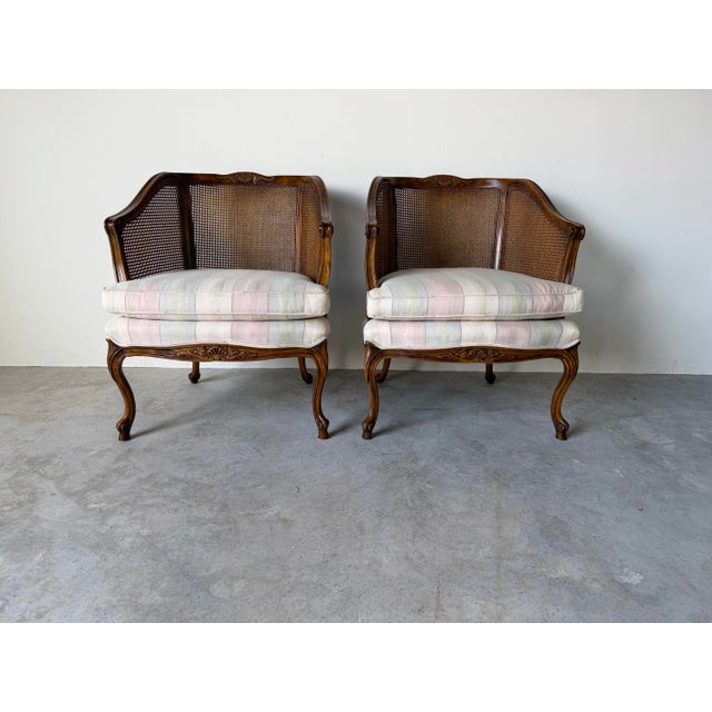 French Provincial 1960s Vintage French Provincial Louis XV-Style Carved Walnut & Cane Club Chairs – Pair For Sale - Image 3 of 13