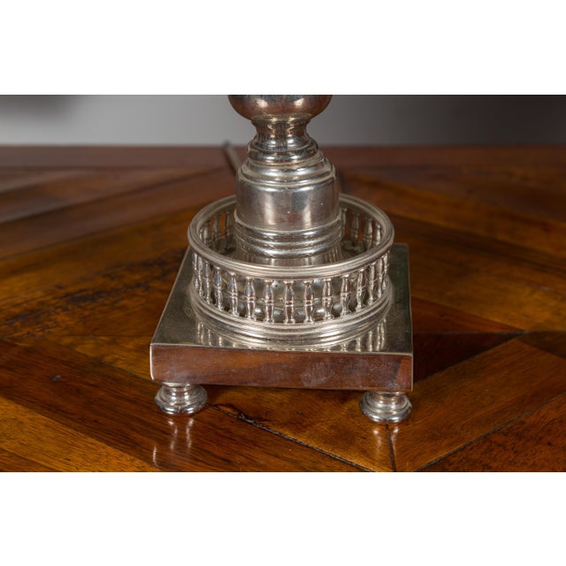 1940s English Two-Light Silverplate Bobbin Lamps with Pierced Galleries - Pair For Sale - Image 9 of 9