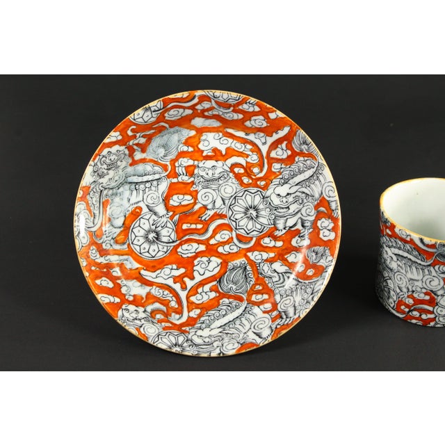 Mason's Ironstone 19th C. Rare Mason's Bandana Pattern Coffee Cup & Saucer Chinoiserie Foo Dogs For Sale - Image 4 of 13