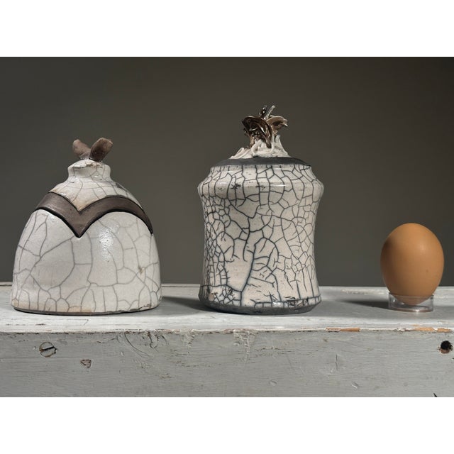 Pair of Vintage Postmodernist Raku Fired Crackle Glazed Lidded Stoneware Vessels, Signed For Sale - Image 9 of 9