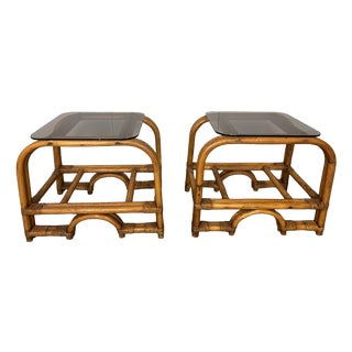 Mid-Century Modern Italian Bamboo and Rattan Side Tables with Smoked Glass, 1950s, Set of 2 For Sale