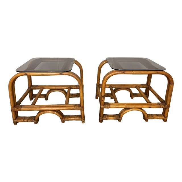 Mid-Century Modern Italian Bamboo and Rattan Side Tables with Smoked Glass, 1950s, Set of 2 For Sale