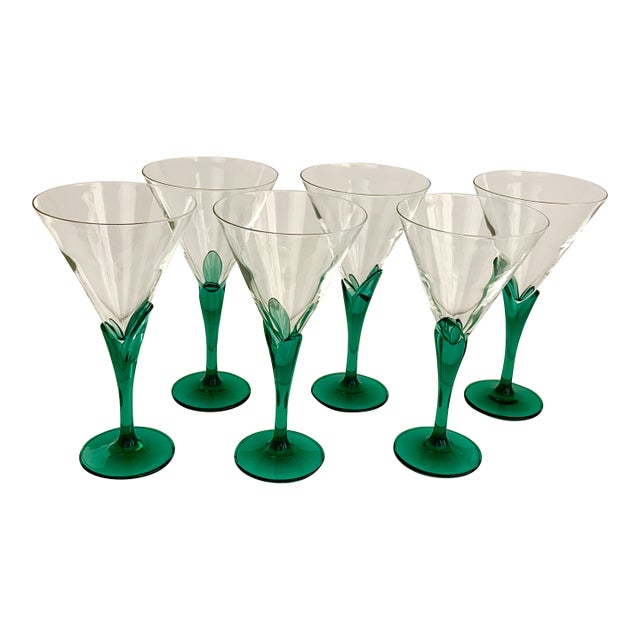 Bormioli - Italian Green Stemmed Petals Glasses - Set of 6 For Sale