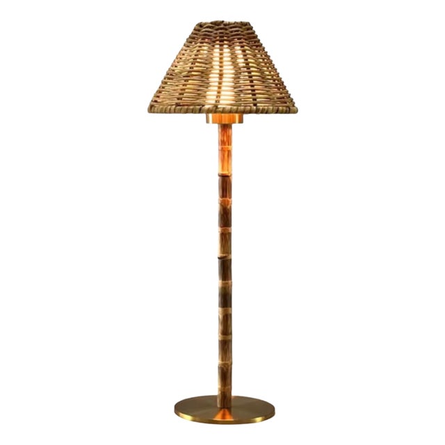 Rechargeable Bamboo Lamp with Rattan Lampshade by Rebecca Lighting For Sale